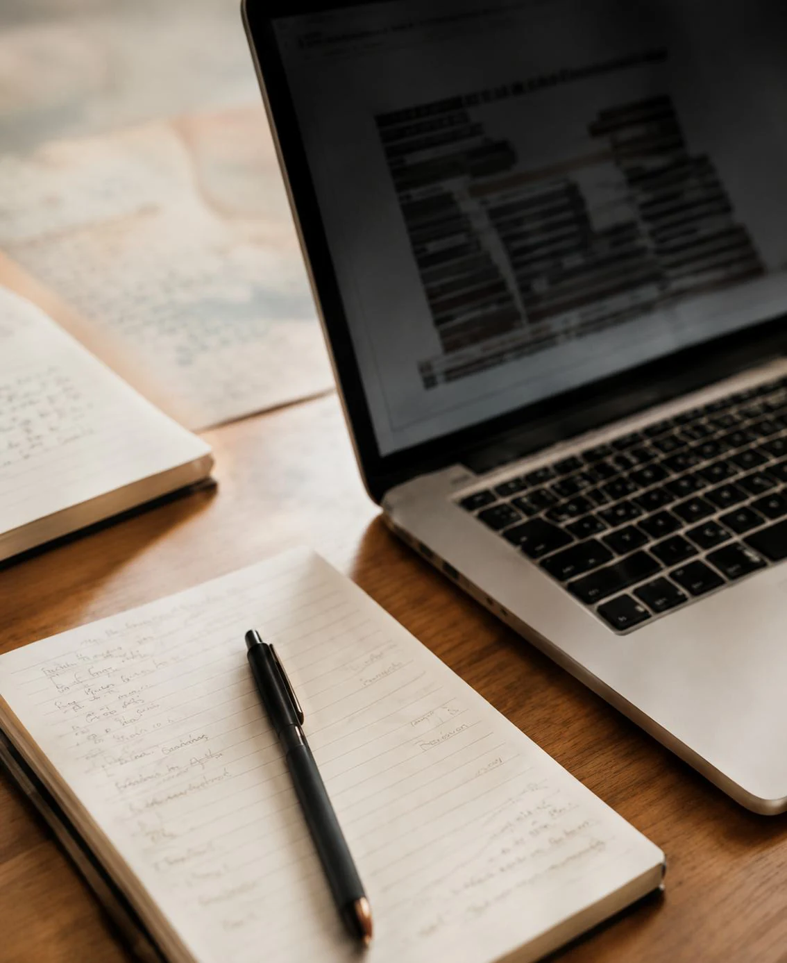 Caderno de anotações e computador em uma mesa de trabalho